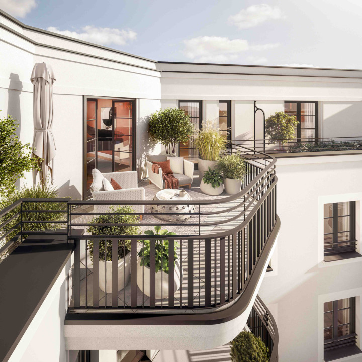 SUAREZ Penthouse Balkon Richtung Innenhof (c)BAUWERT Visualisierung Eve Images